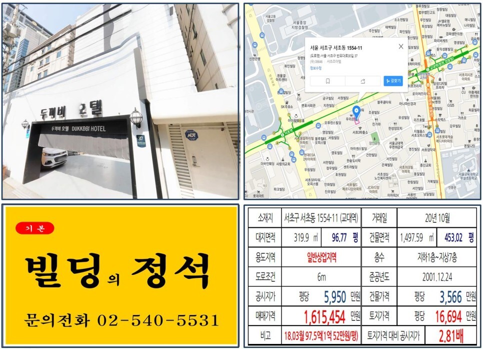  [서초구 일반상업지역 신축부지 100억 빌딩 실거래가 조회] 서초동 1554-11 (교대역) 161억 5,454원, 평당 1억 6,694만 원 매매되었습니다. 서초사랑의교회