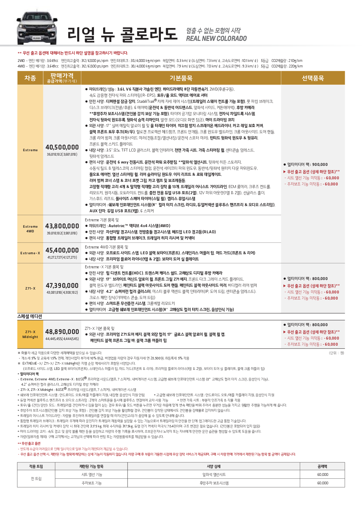 22년 8월 리얼뉴콜로라도 가격표1