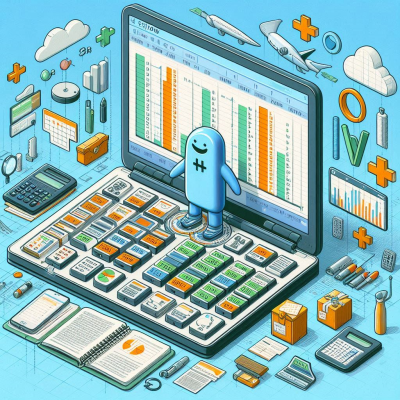 전자 계산기와 데이터 요소들이 결합된 경제 분석 장면