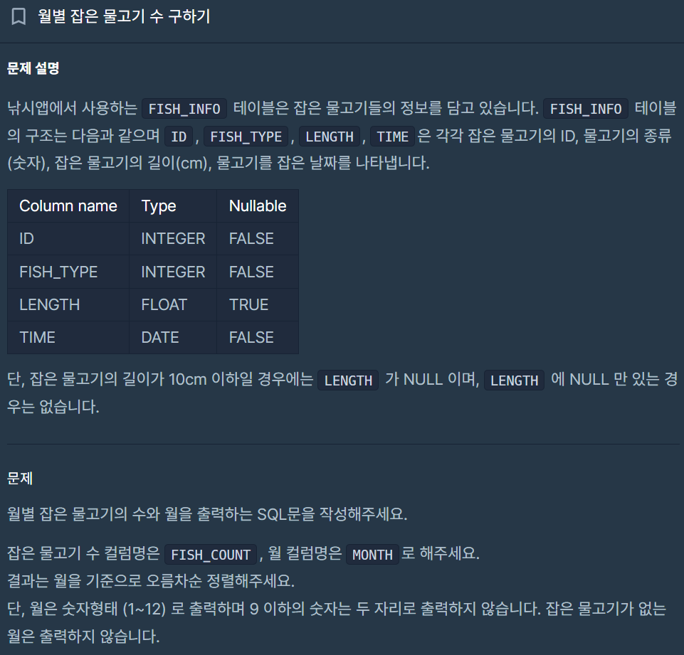 ✈️ SQL Programmers Level 2 - 36 Solved - 023. 월별 잡은 물고기 수 구하기 / 024. NULL 처리하기 ✈️ SQL Programmers Level 2 - 36 Solved - 023. 월별 잡은 물고기 수 구하기 / 024. NULL 처리하기