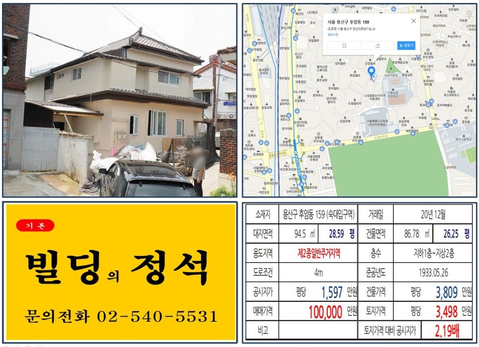  [용산구 후암시장 10억 꼬마빌딩 실거래가 조회] 후암동 159 (숙대입구역) 10억 원, 평당 3,498만 원 매매되었습니다.