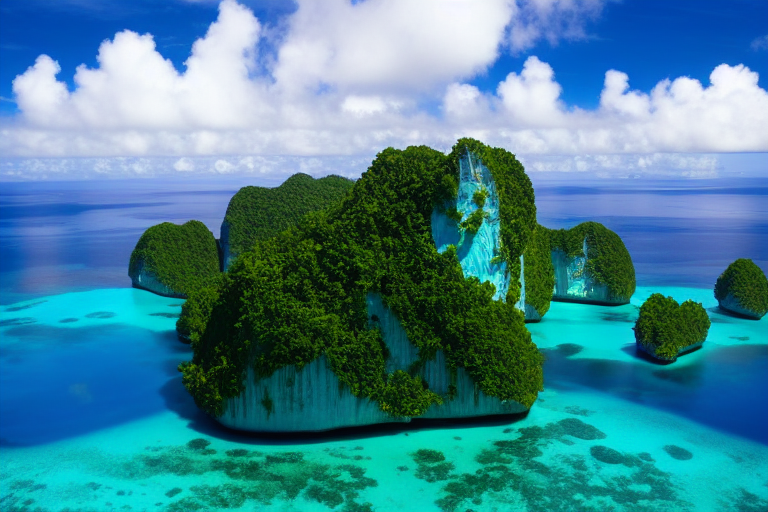 에메랄드빛바다-초록빛바위섬-생생한산호초-열대풍경