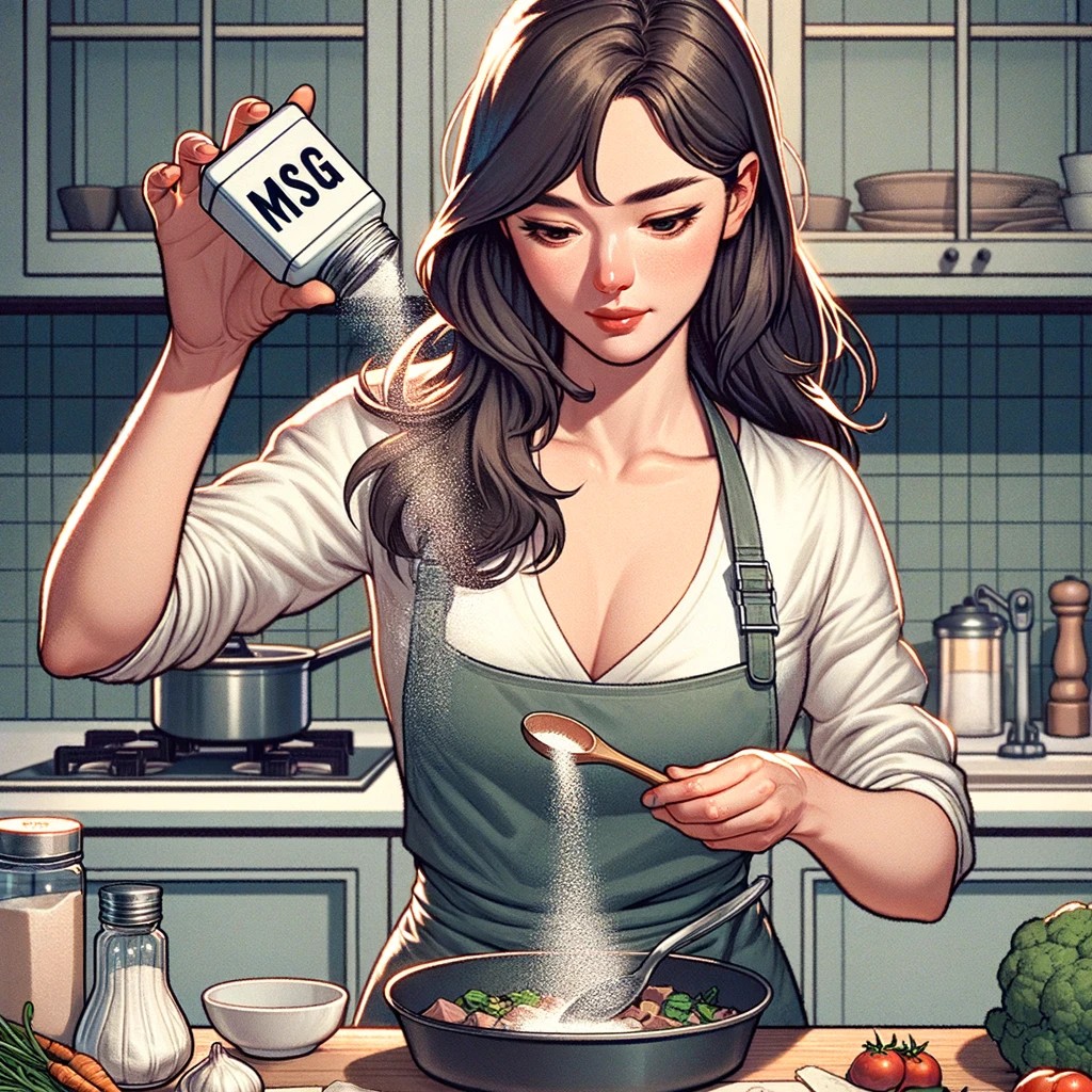 음식에 MSG를 넣고 있는 여자