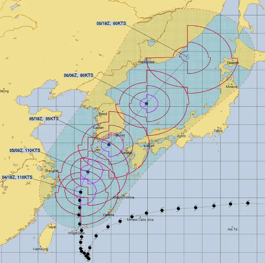 9월 5일 미 합동 태풍경보센터 JTWC의 힌남노 태풍 진로 예측 경로