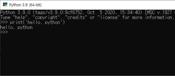 파이썬 인터렉티브 셸에서 print 함수를 이용해 hello, python을 출력한 결과