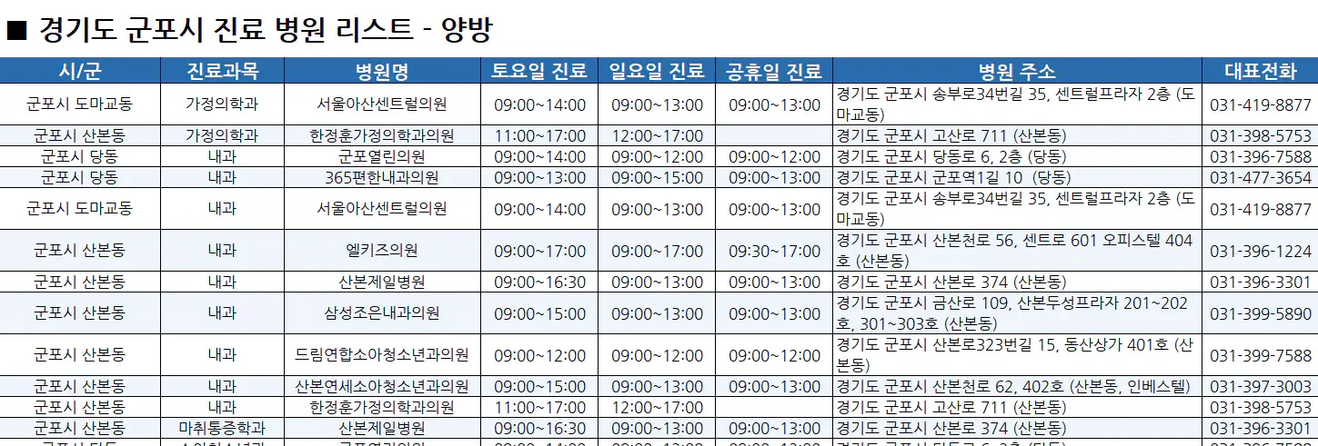 군포시-일요일-진료병원-리스트-예시