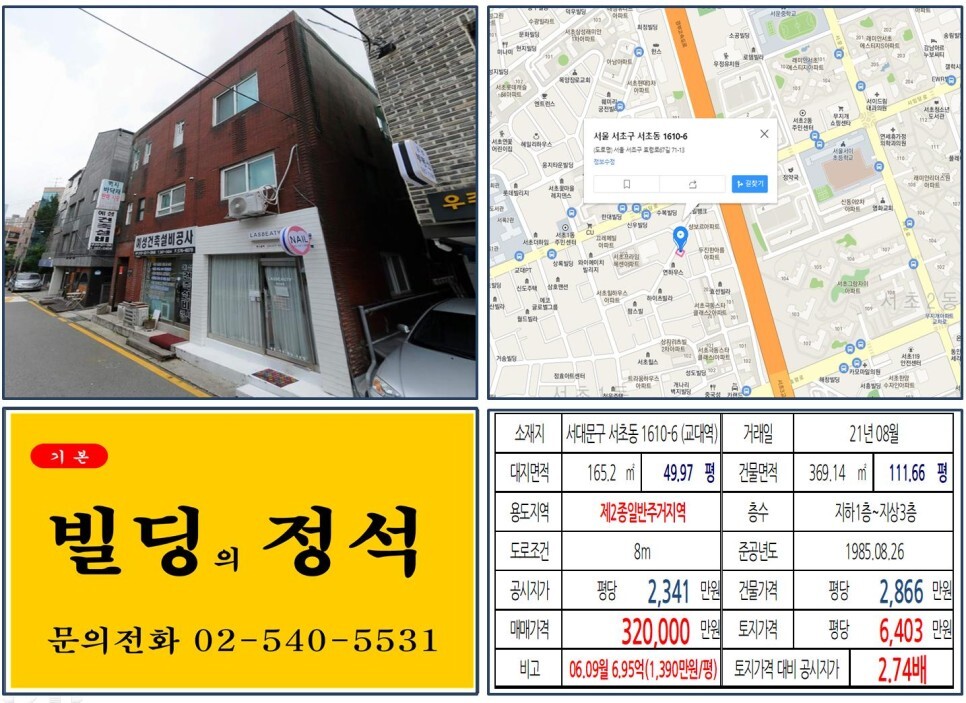  [서초구 경부고속도로 지하화 30억 올근생 꼬마빌딩 실거래가 조회] 서초동 1610-6  (교대역) 32억 원, 평당 6,403만 원 매매되었습니다.