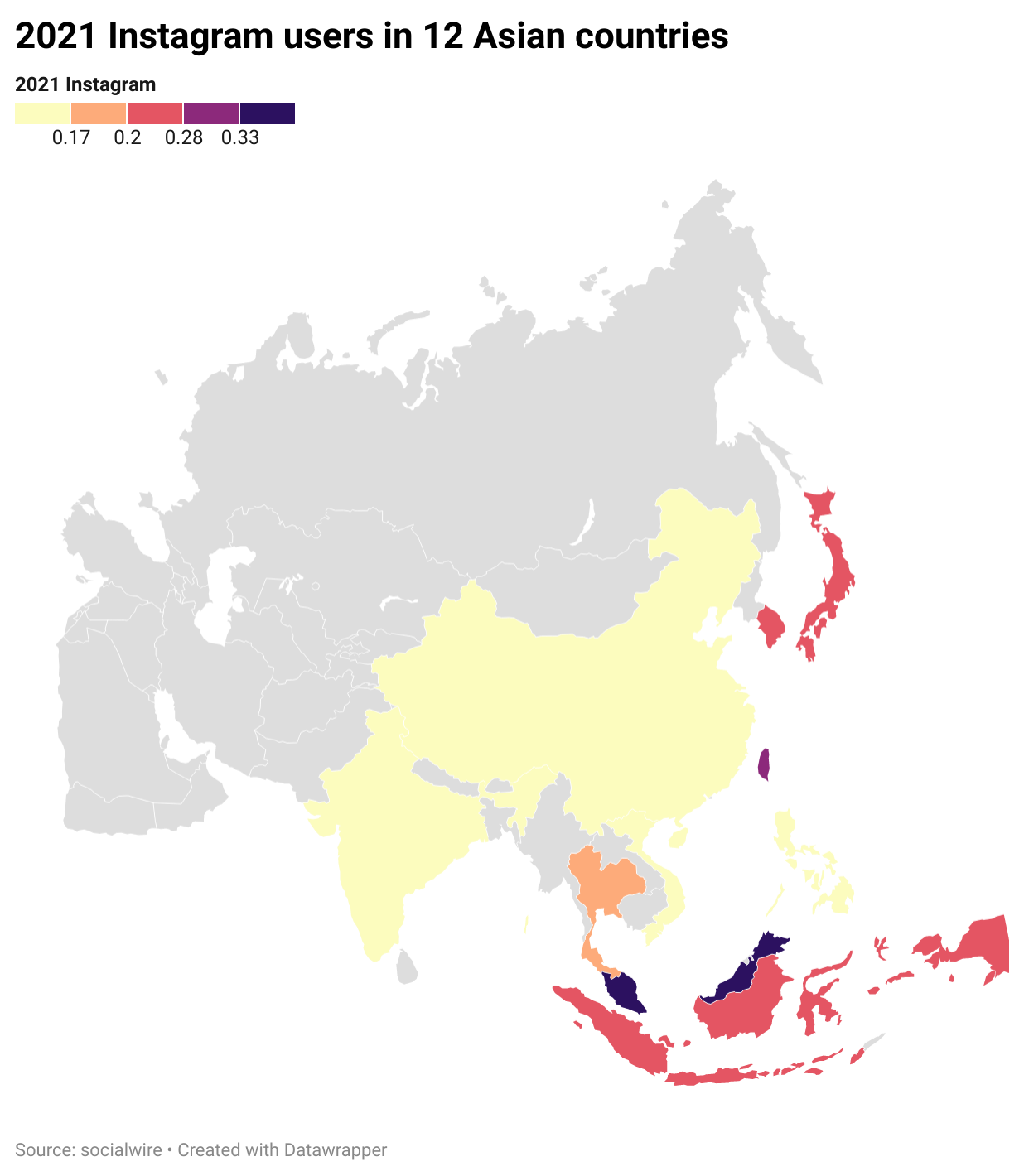 2021 아시아 12개 국가 인스타그램 인구 대비 이용자 히트맵