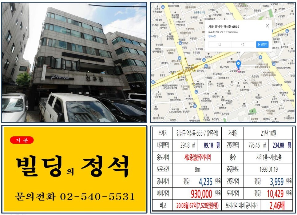  [강남구 봉은사로 90억 올근생 꼬마빌딩 실거래가 조회] 역삼동 655-7 (언주역) 93억 원, 평당 1억 429만 원 매매되었습니다.