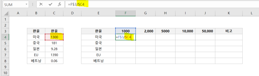 엑셀-혼합참조-예시1