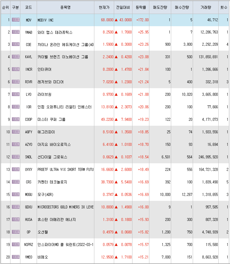  2월11일 미국주식 상승률 상위 종목 TOP 300