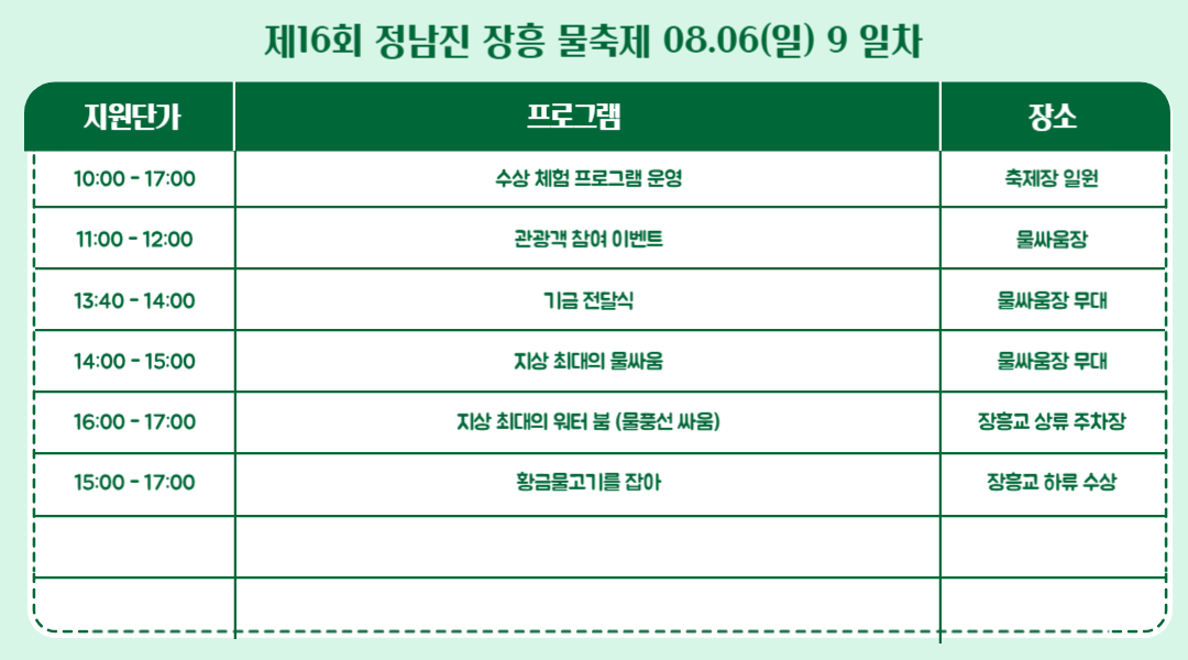 2023 정남진장흥물축제 프로그램 일정표