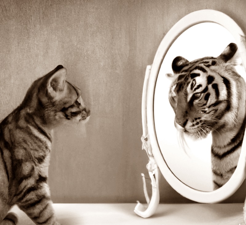 고양이가-거울속에서-호랑이의-모습을-보고-있는-이밎