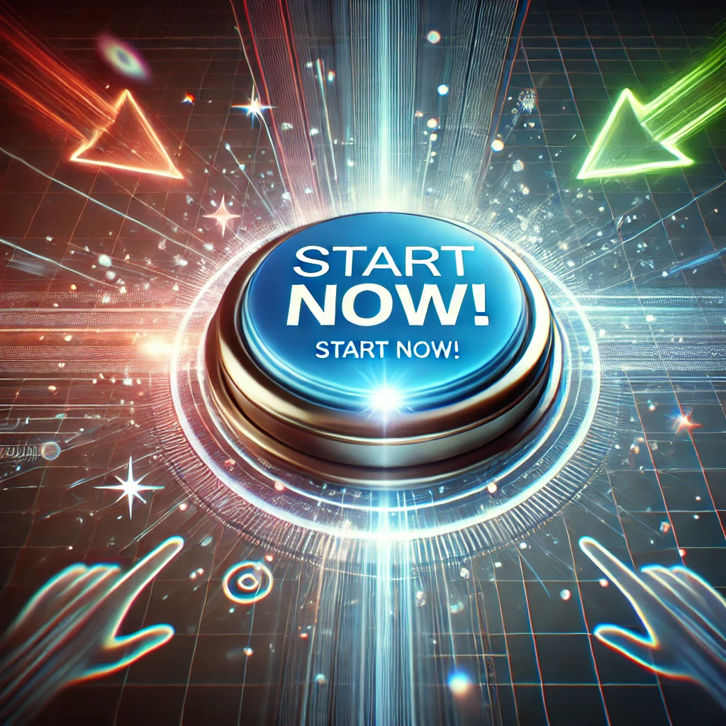 미래적인 홀로그램 인터페이스에 강조된 'Start Now!' 버튼. 버튼 주위에 화살표와 역동적인 빛 효과가 더해져 긴급성과 참여를 상징하는 모습.