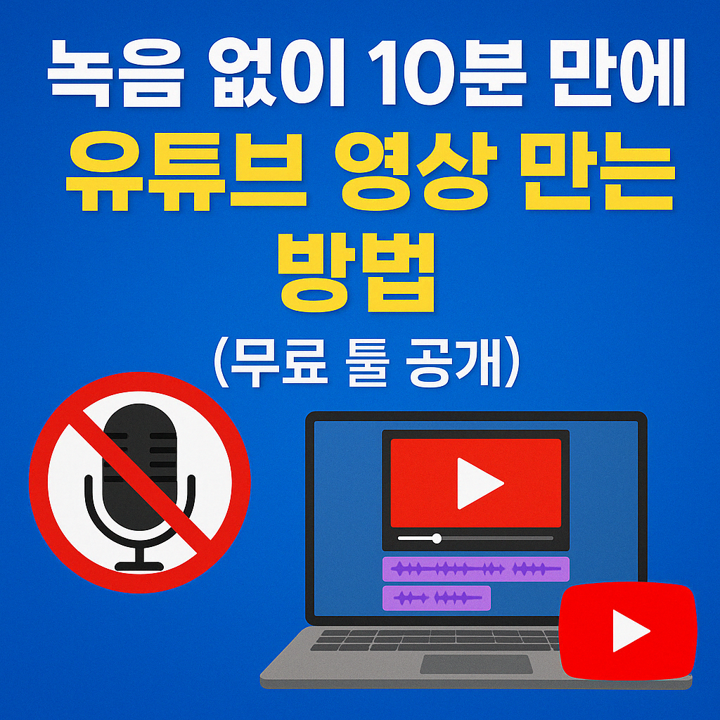 Tutorial thumbnail showing how to create YouTube videos in 10 minutes without voice recording using free tools, featuring a crossed-out microphone, video editing laptop, and YouTube logo on a blue background