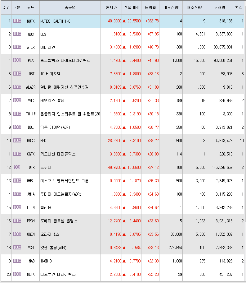  4월4일 미국주식 상승률 상위 종목 TOP 300