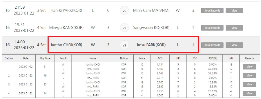 웰컴저축은행 웰뱅 PBA챔피언십 대회 22-23 대회 최준호-박인수 경기결과