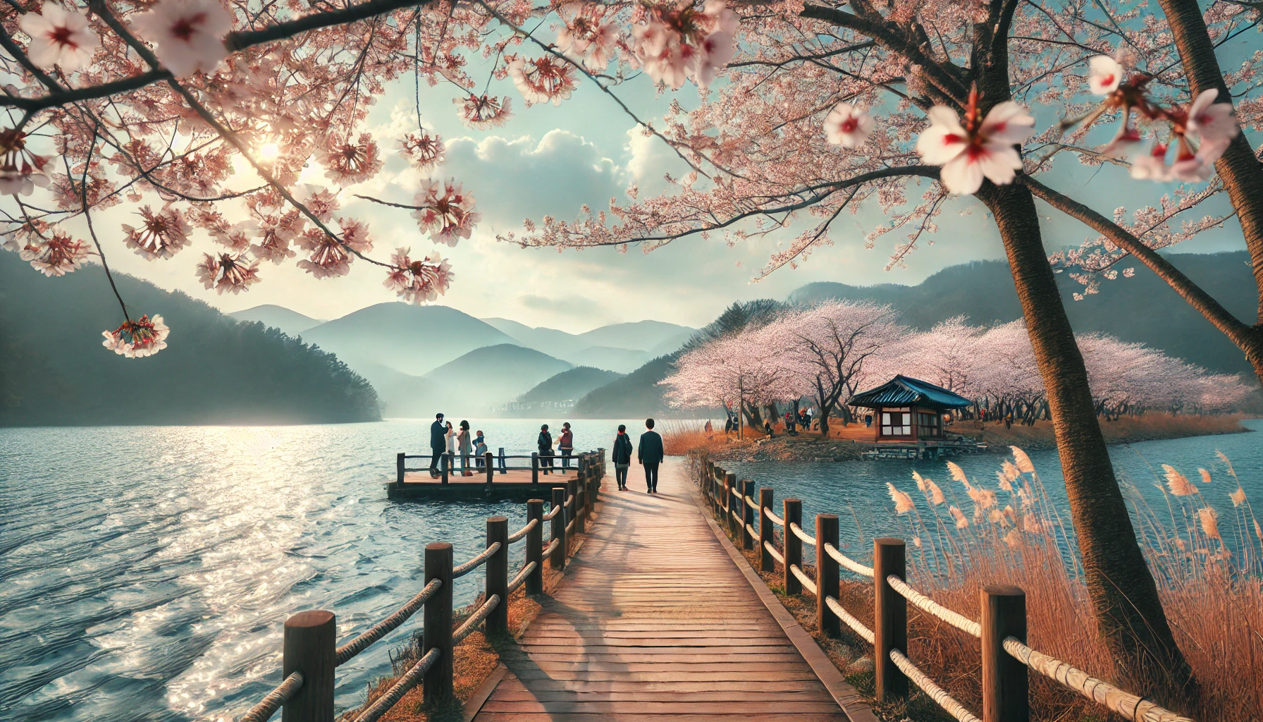 DALL·E 2025-03-25 20.30.24 - Spring travel in Chuncheon, South Korea. A beautiful lakeside view with cherry blossoms in full bloom. A wooden walking path along the lake, couples a.webp