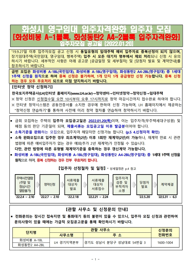 화성비봉 A-1블록, 화성동탄2 A4-2블록 영구임대주택 입주자 추가모집(입주자격완화)