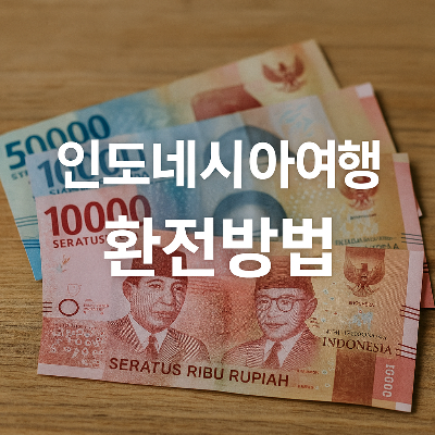 인도네시아 루피아 지폐가 나무 테이블 위에 펼쳐져 있고, 중앙에는 '인도네시아여행 환전방법'이라는 문구가 정중앙에 배치된 실사 정사각형 썸네일