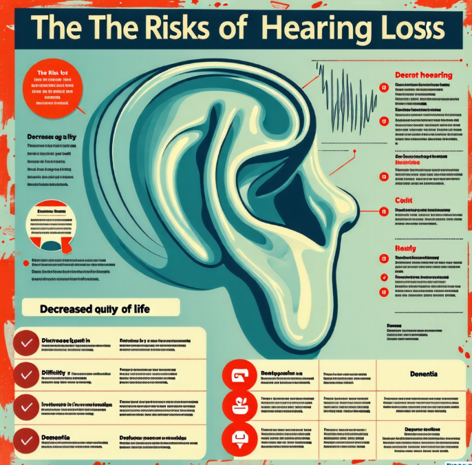 귀 모양의 아이콘 옆에 '난청의 위험성'이라는 제목이 있고, 그 아래로 '삶의 질 저하', '대인관계 어려움', '우울
증', '치매' 등의 키워드가 나열되어 있는 인포그래픽