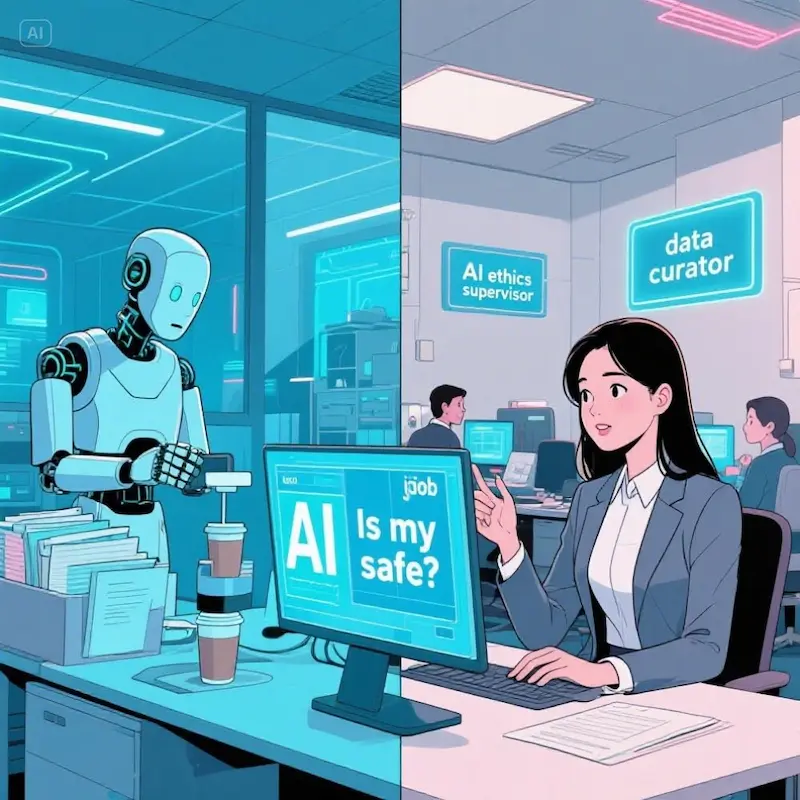 AI 로봇과 인간이 함께 일하는 사무실, 고민하는 직장인과 새롭게 등장한 미래 직업이 공존하는 2025년 인공지능 일자리 변화 일러스트