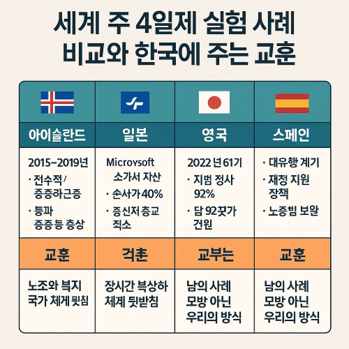 세계 주 4일제 실험 사례 비교 인포그래픽: 아이슬란드, 일본, 영국, 스페인의 주요 특징과 한국에 주는 교훈 정리