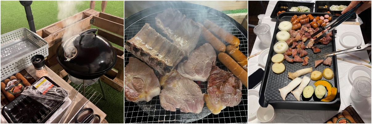 왼쪽사진부터 캐빈하우스 화덕사진-화덕에 고기를 굽고 있는 사진-불판에 고기를 데우면서 먹는사진