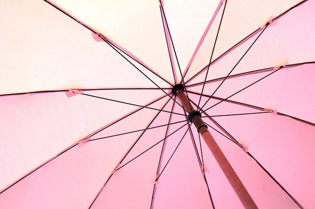 분홍색 우산을 편 모습