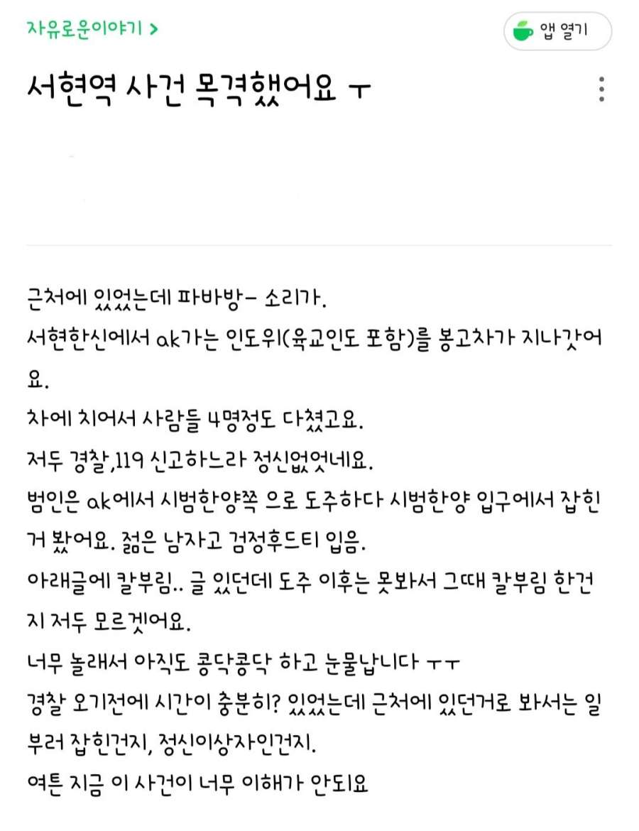  서현역 AK플라자 차량 돌진 이후 흉기 난동 사건.... 세상이 흉흉하네요