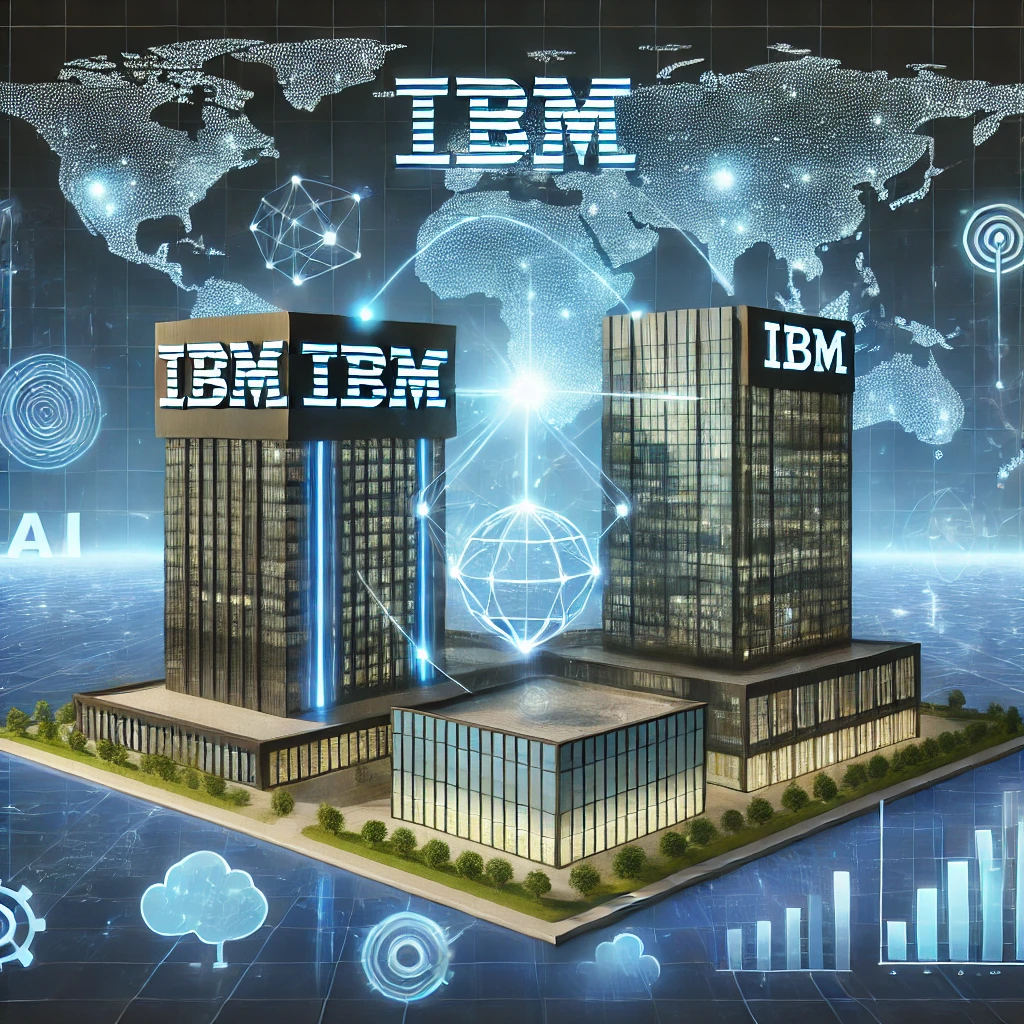 IBM이 데이터 컨설팅 기업 하코다를 인수하는 모습을 미래지향적인 디지털 환경 속에서 묘사한 일러스트