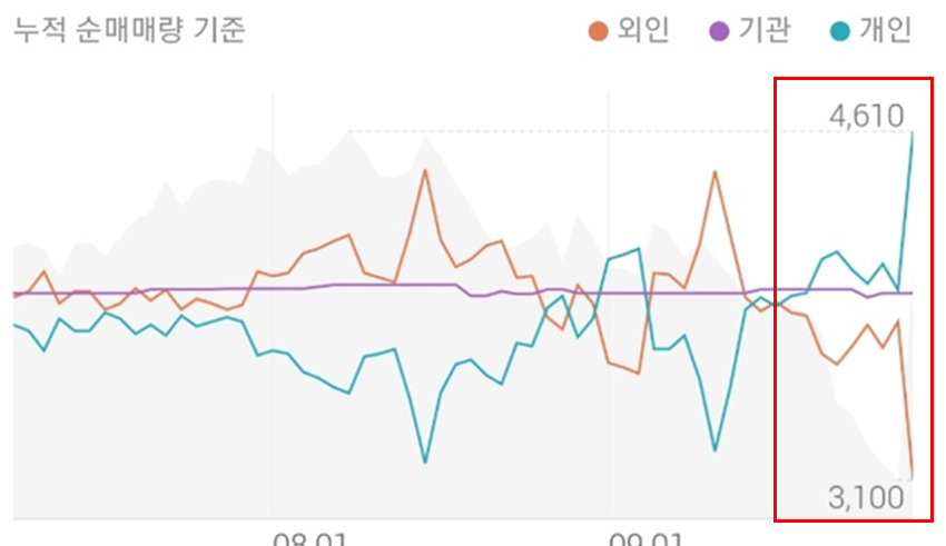 디아이씨의 투자주체별 매매동향으로 최근들어 개인의 매수세가 매우 강하게 유입하는 모습을 보여주고 있습니다.