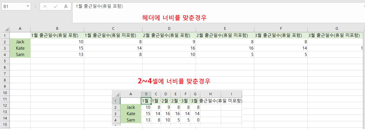  엑셀에서 헤더에 글자(텍스트)가 너무 많을 때