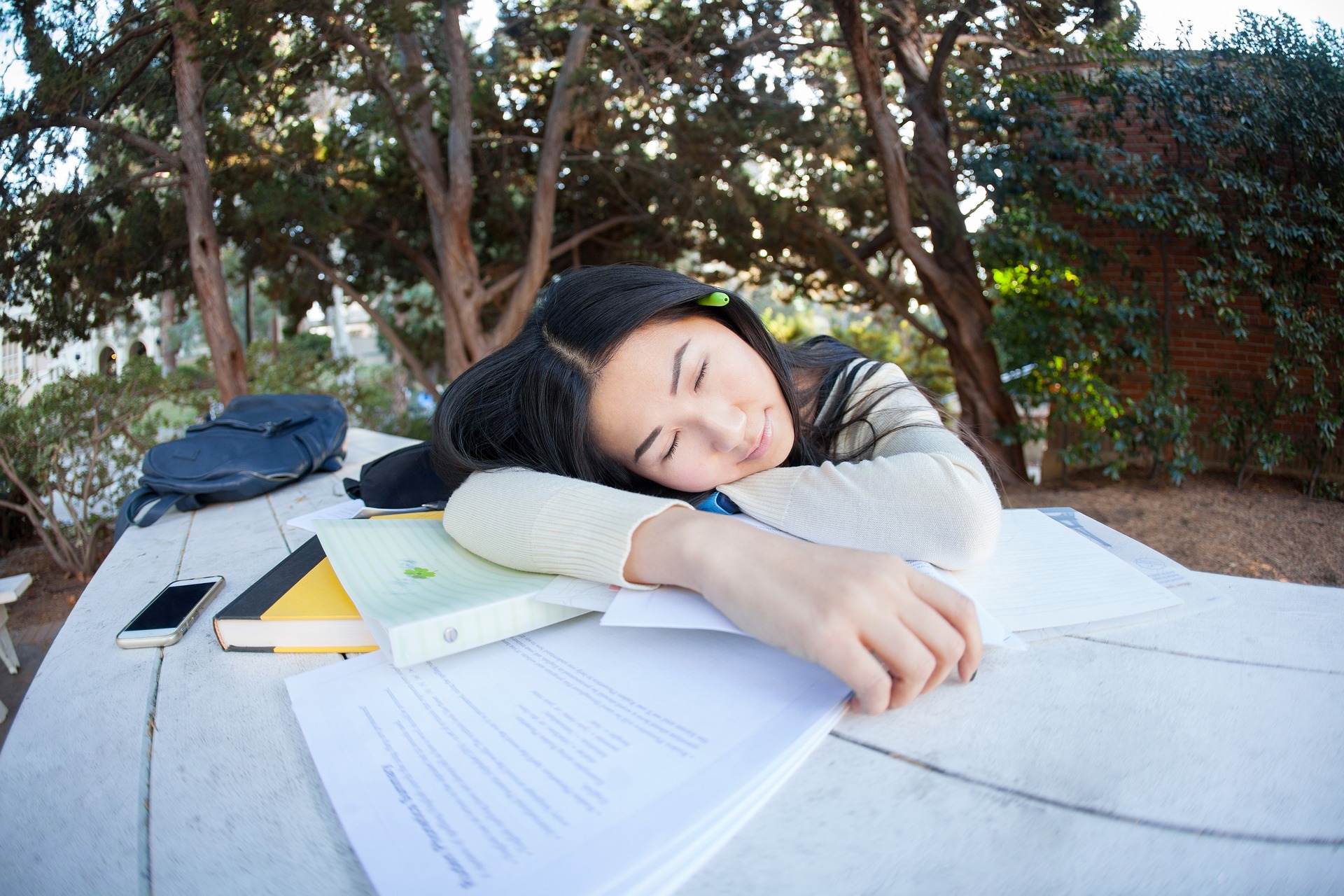봄이 오면 몸이 나른하고 피곤해서 공부를 하다가 자고 있는 학생 사진