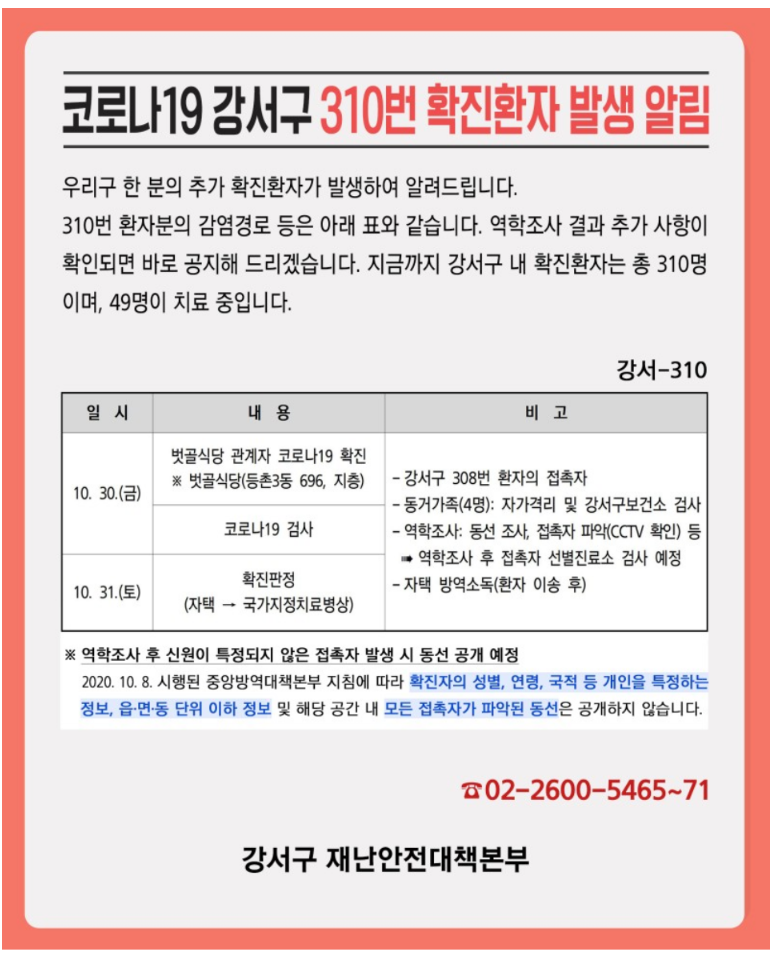  강서구 310번 벗골식당 코로나19  확진자 발생 동선