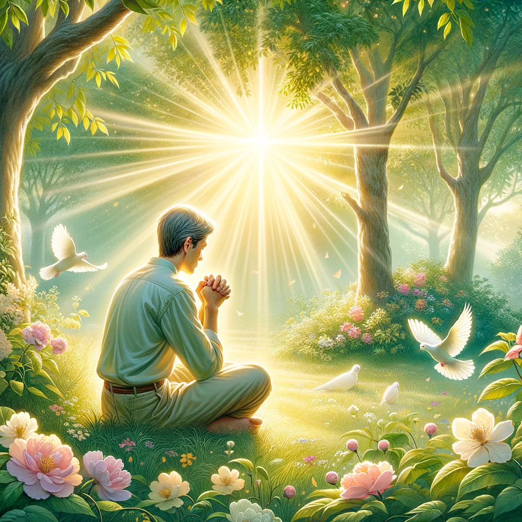 Here is the illustration of a person in prayer&amp;#44; seeking God&amp;#39;s love and truth&amp;#44; surrounded by symbols of goodness and peace in a tranquil garden.