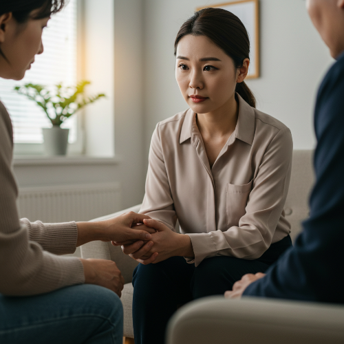 따뜻한 손길로 피해자를 위로하는 상담사 또는 전문가의 모습