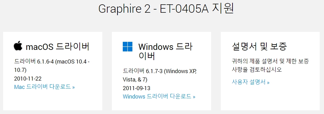 와콤 펜 태블릿 Graphire 2 ET-0405A드라이버 설치 다운로드