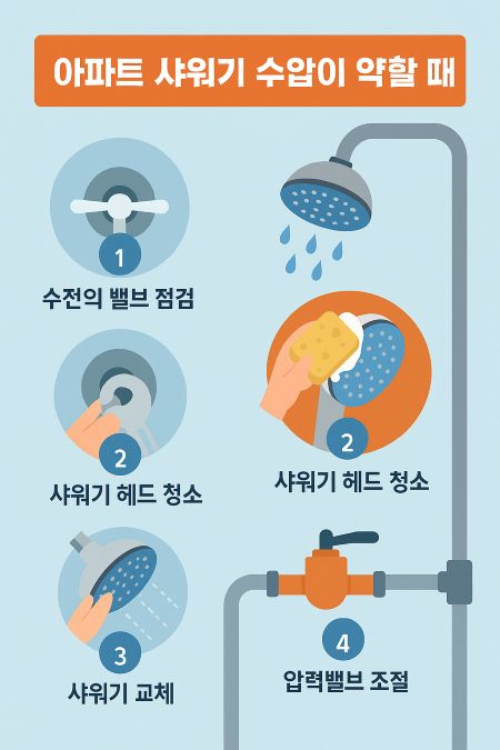 아파트 샤워기 수압이 약할 때를 주제로 한 정보 일러스트. 수전 조절, 샤워기 헤드 청소 및 교체, 압력밸브 조절 등의 해결 방법을 단계별로 시각화한 플랫 스타일의 현대적인 인포그래픽. 주황색과 파란색 포인트 컬러가 강조된 구성.