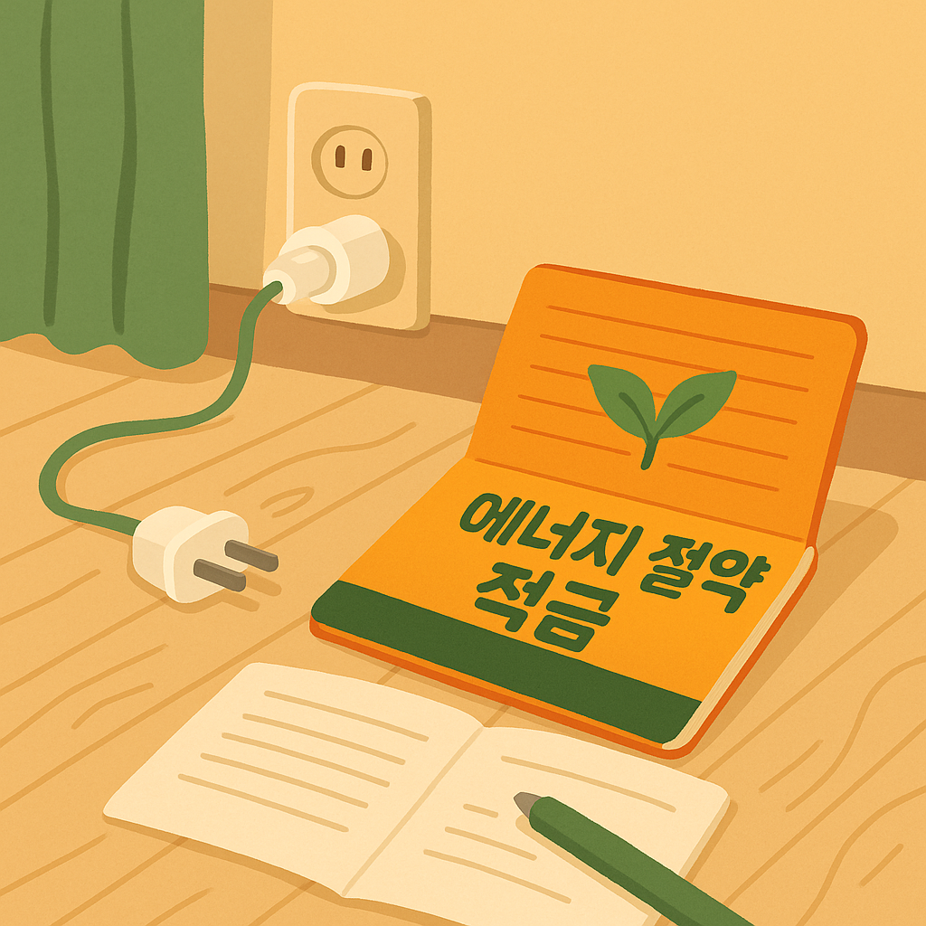 거실 바닥에 콘센트가 뽑혀 있고, 옆에 에너지 절약 적금 통장이 펼쳐져 있는 따뜻한 분위기의 2D 일러스트 본문 이미지