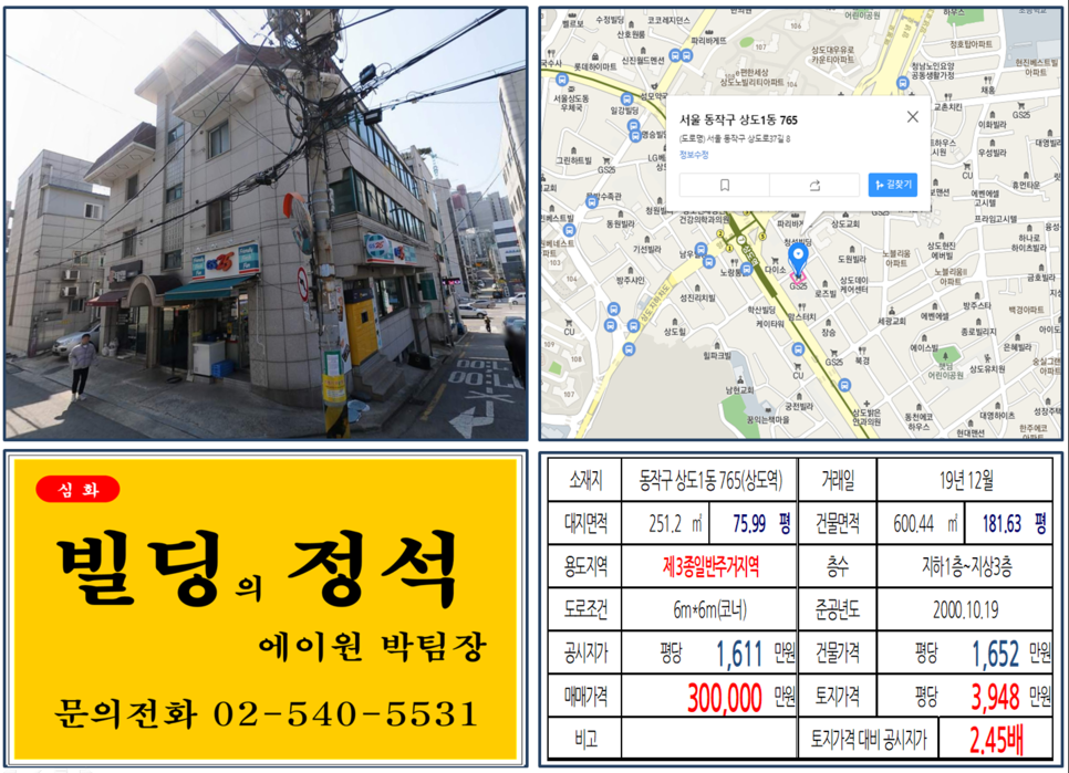  [동작구 초역세권 코너빌딩 실거래가 조회] 상도1동 765 (상도역) 30억 원, 평당 3,948만 원, 상도역 롯데캐슬 아파트 호재지역, GS