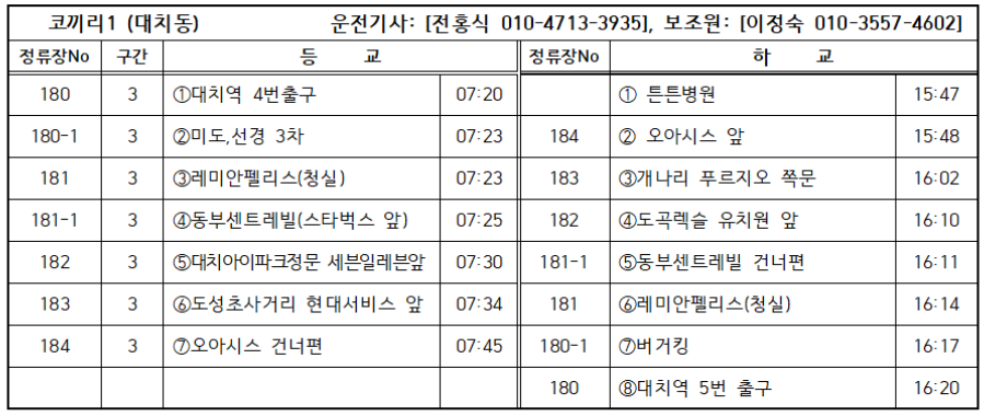 영훈초 코끼리1 셔틀 노선 시간표