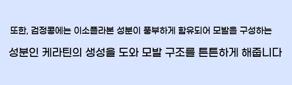  또한, 검정콩에는 이소플라본 성분이 풍부하게 함유되어 모발을 구성하는 성분인 케라틴의 생성을 도와 모발 구조를 튼튼하게 해줍니다