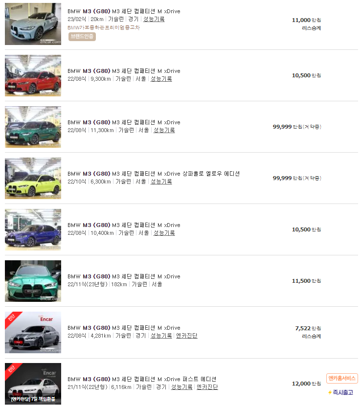 BMW M3 (G80) 중고차 가격