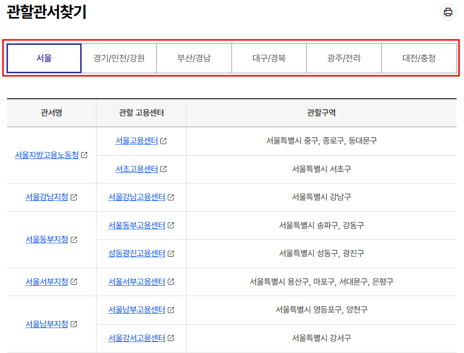 관할 고용센터 찾기