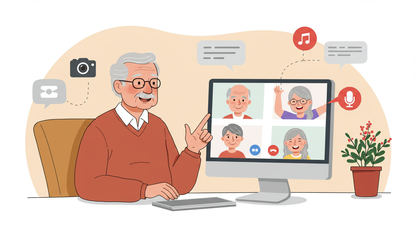 (Image Prompt: Illustration depicting a senior happily video calling with family members shown on the computer screen. Icons for camera and microphone could be subtly included. Style: Warm, cartoonish illustration.)