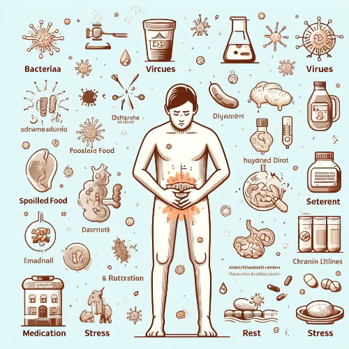 설사때문에 배를 잡고 있는 남자 이미지 주위에 세균, 음식등의 설사를 유발하는 것들