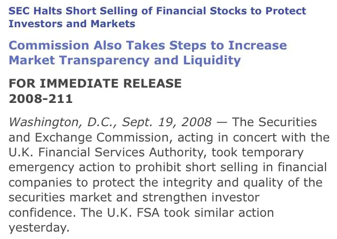 리먼브라더스 파산 직후 미국 SEC의 금융주 공매도 금지 조치