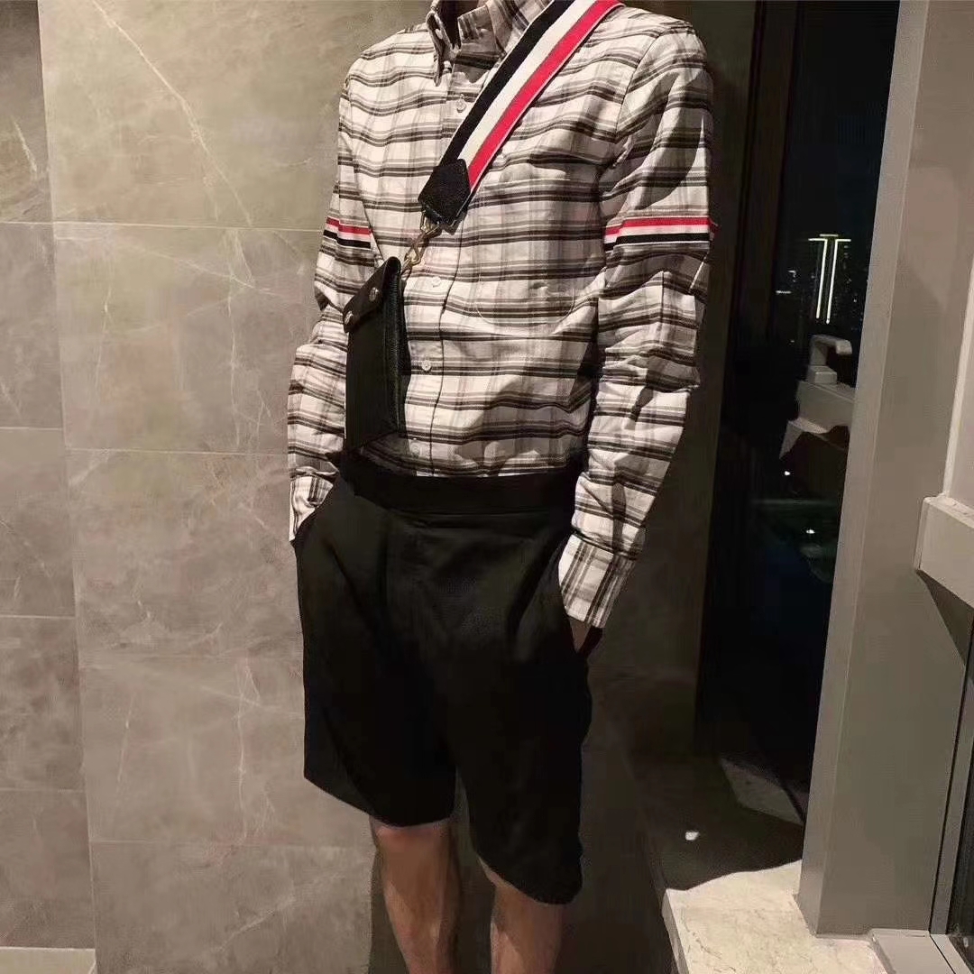  [THOM BROWNE] 톰브라운 미디엄 그레이 옥스포드 더블 태터솔 체크 RWB 암밴드 셔츠
