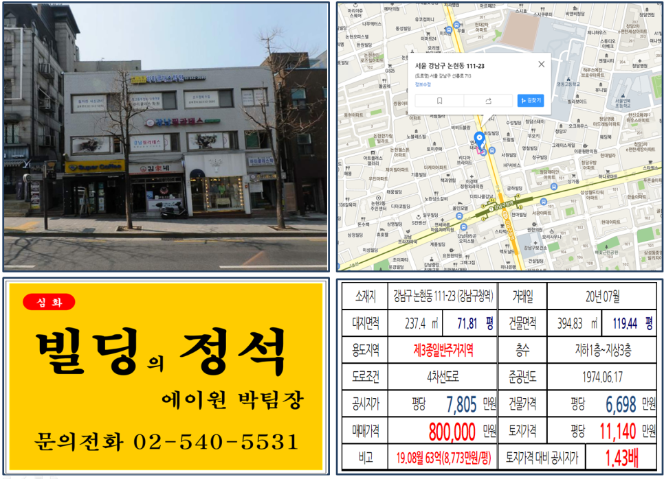  [강남구 강남구청역 대로변 빌딩 실거래가 조회] 논현동 111-23 (강남구청역) 80억 원, 평당 11,140만 원, 영동고등학교, 보람튜브빌딩, 동현아파트, 17억 매각차익